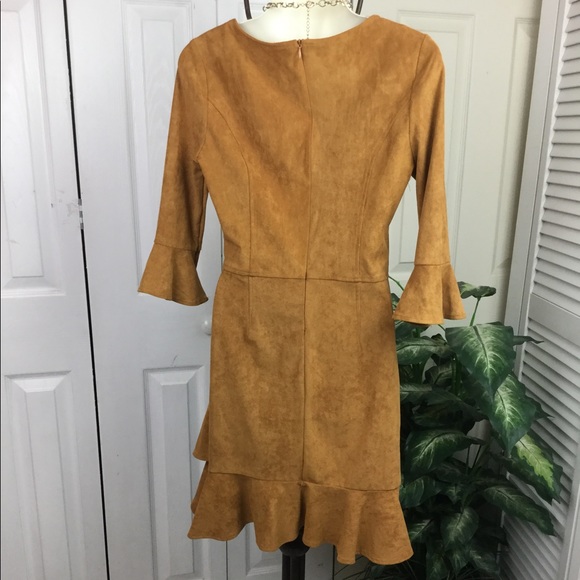 Aryeh SUEDE BELL SLEEVES RUFFLE DRESS  CAMEL COLOR - Picture 3 of 6